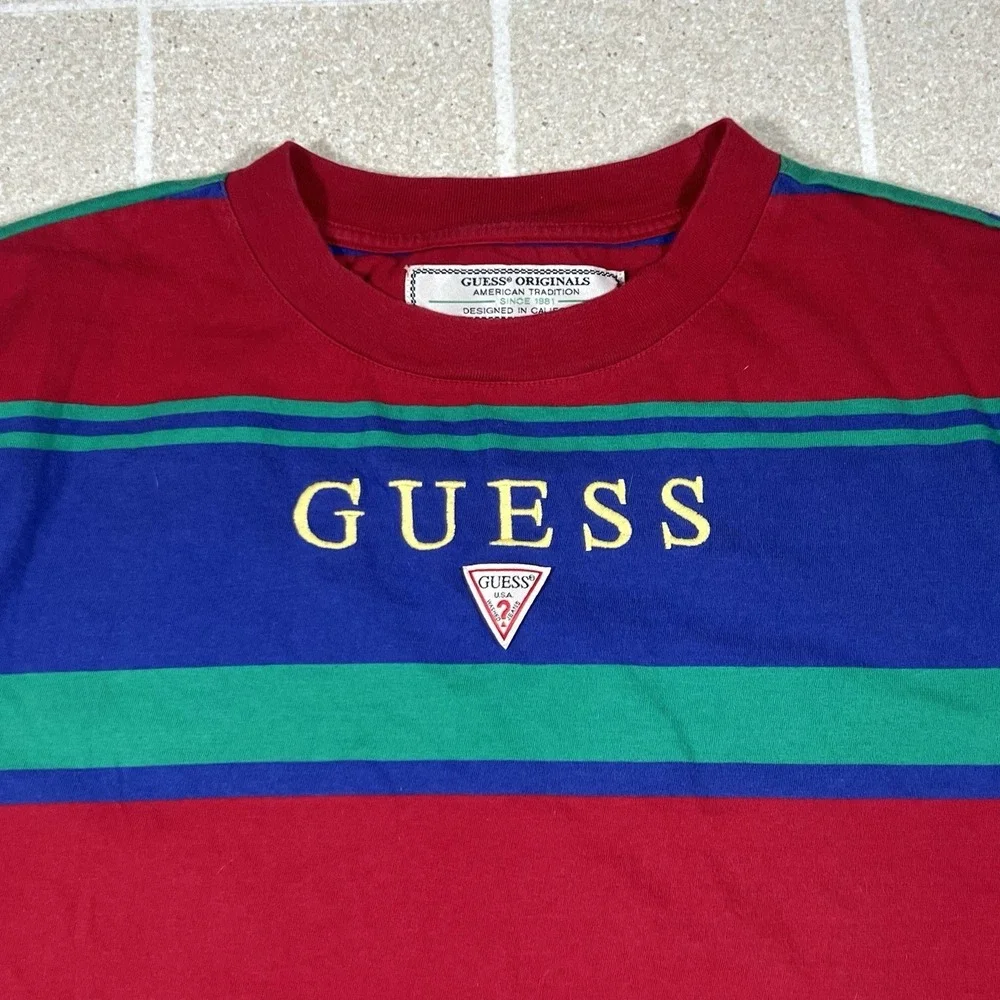 VTG Guess T Shirt Mens Large 90s Vertical Striped Red Blue Short Sleeve USA - Picture 2 of 6